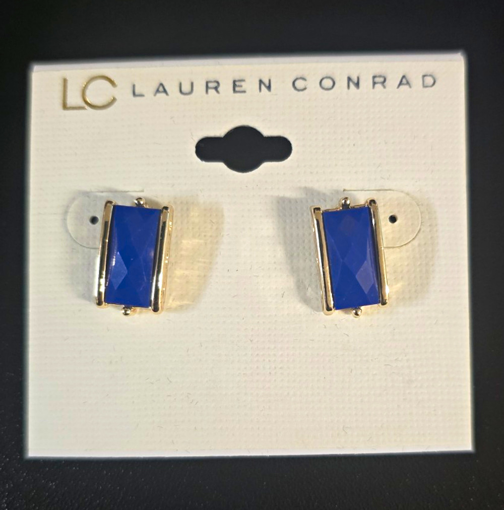 Lauren Conrad Blue Baguette Rectangle Stud Earrings Silver Tone